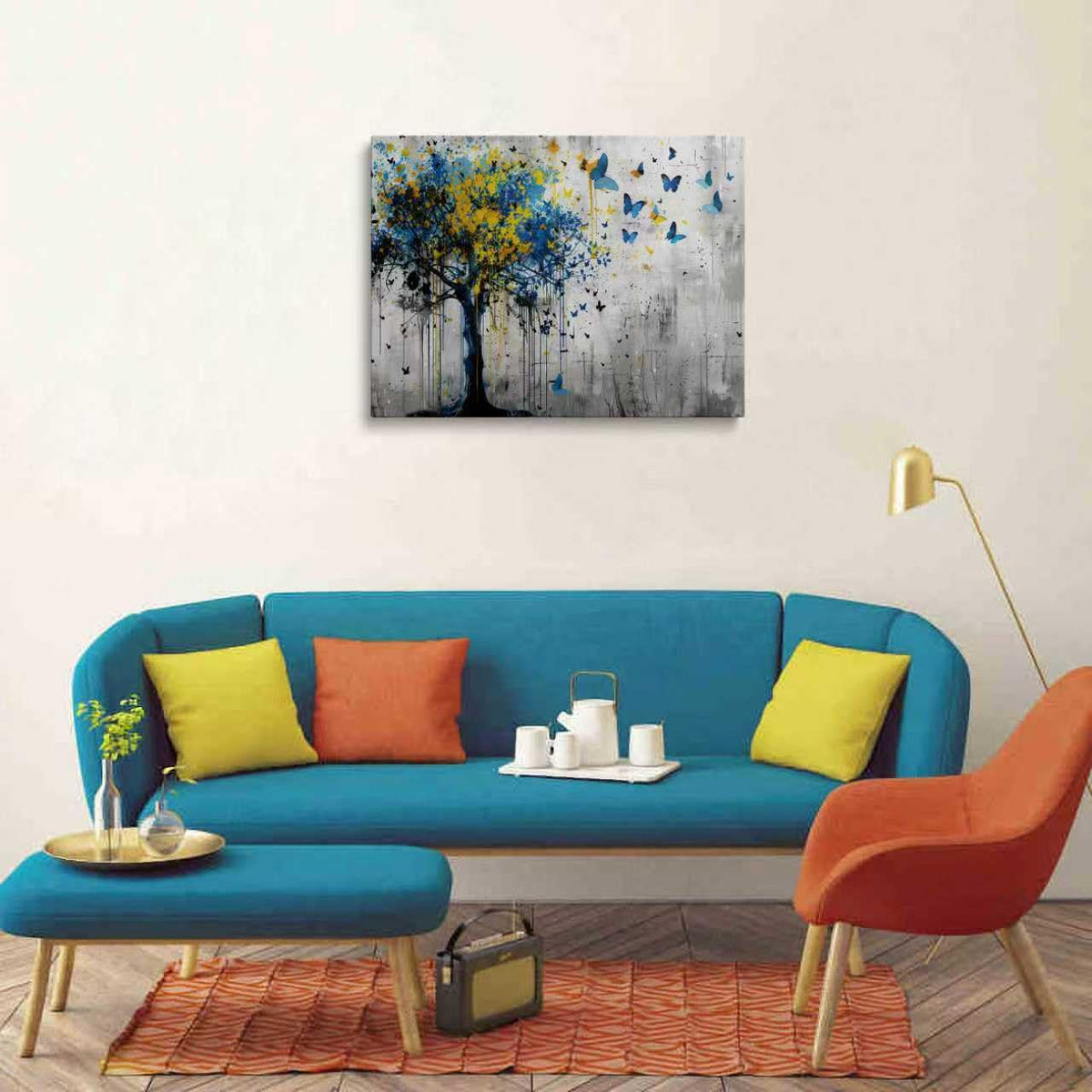 Blue Yellow Tree Canvas Wall Art Framed Abstract Nature Artwork 12x16 Inch (Butterfly Tree / 16"L x 12"W)