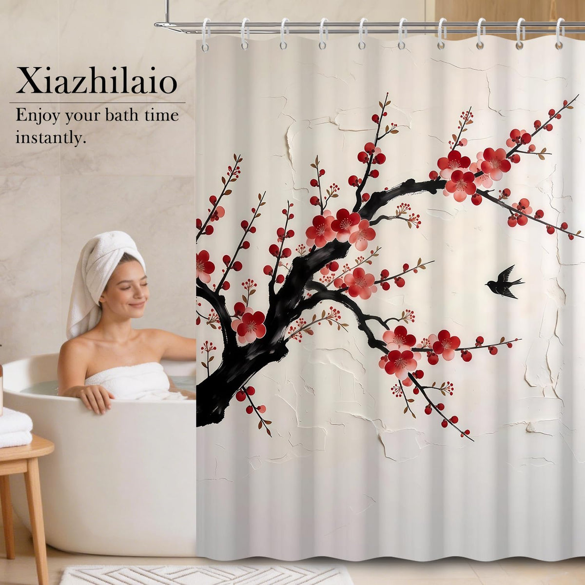 Plum Blossom Shower Curtain with Hooks (Red Plum Blossom)