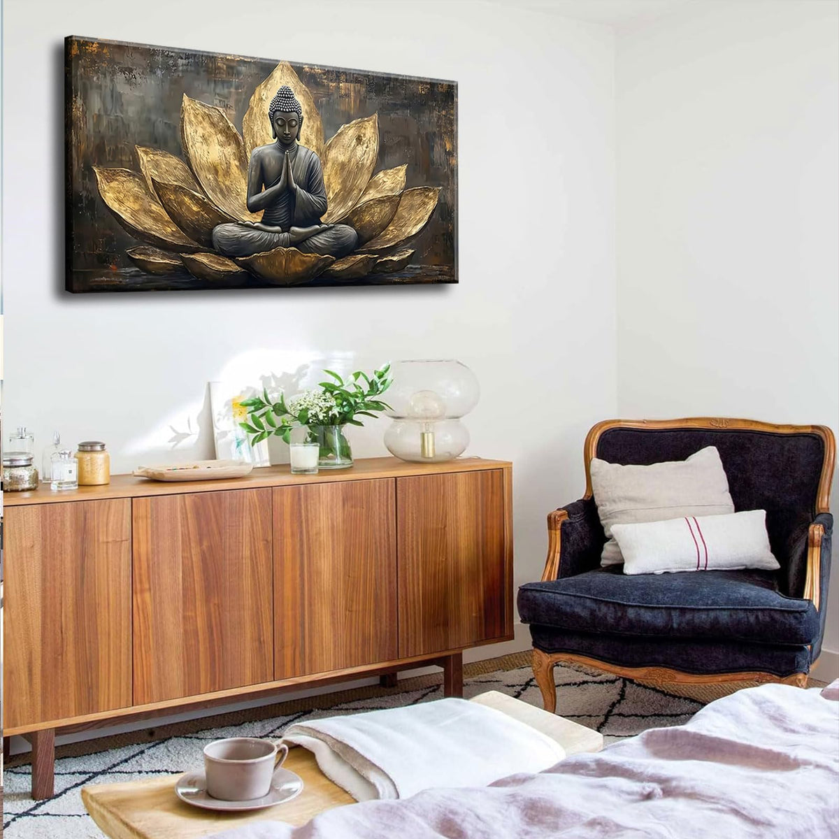 Large Buddha Lotus Canvas Wall Art Abstract Gold and Grey Zen Buddhism Decor painting Pictures Modern Serene Meditation Posters Prints for living room Bedroom Office Hallway Home Decoration (gold / 40"L x 20"W)