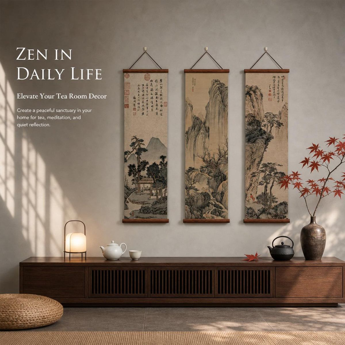 Chinese Ancient Landscape Scroll Wall Art Poster (landscape-BW / 12"x41"x3 Piece)