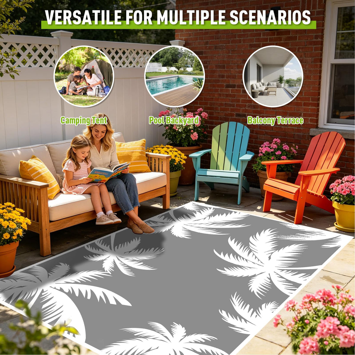 Outdoor Rug 5x8 ft Waterproof plastic Mat For RV Backyard Deck Patio Grey (Palm Tree Leaf / 5x8 Feet)