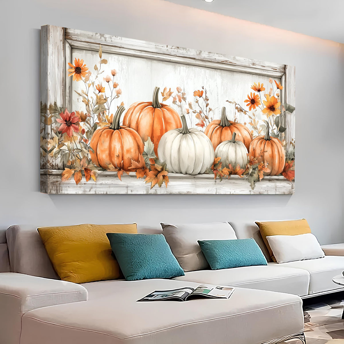 Farmhouse Pumpkin Canvas Wall Art Fall Pumpkins Pictures Wall Decor for Living Room Kitchen Dinner Room Decorations (60"x30"x1 / Pumpkin7)