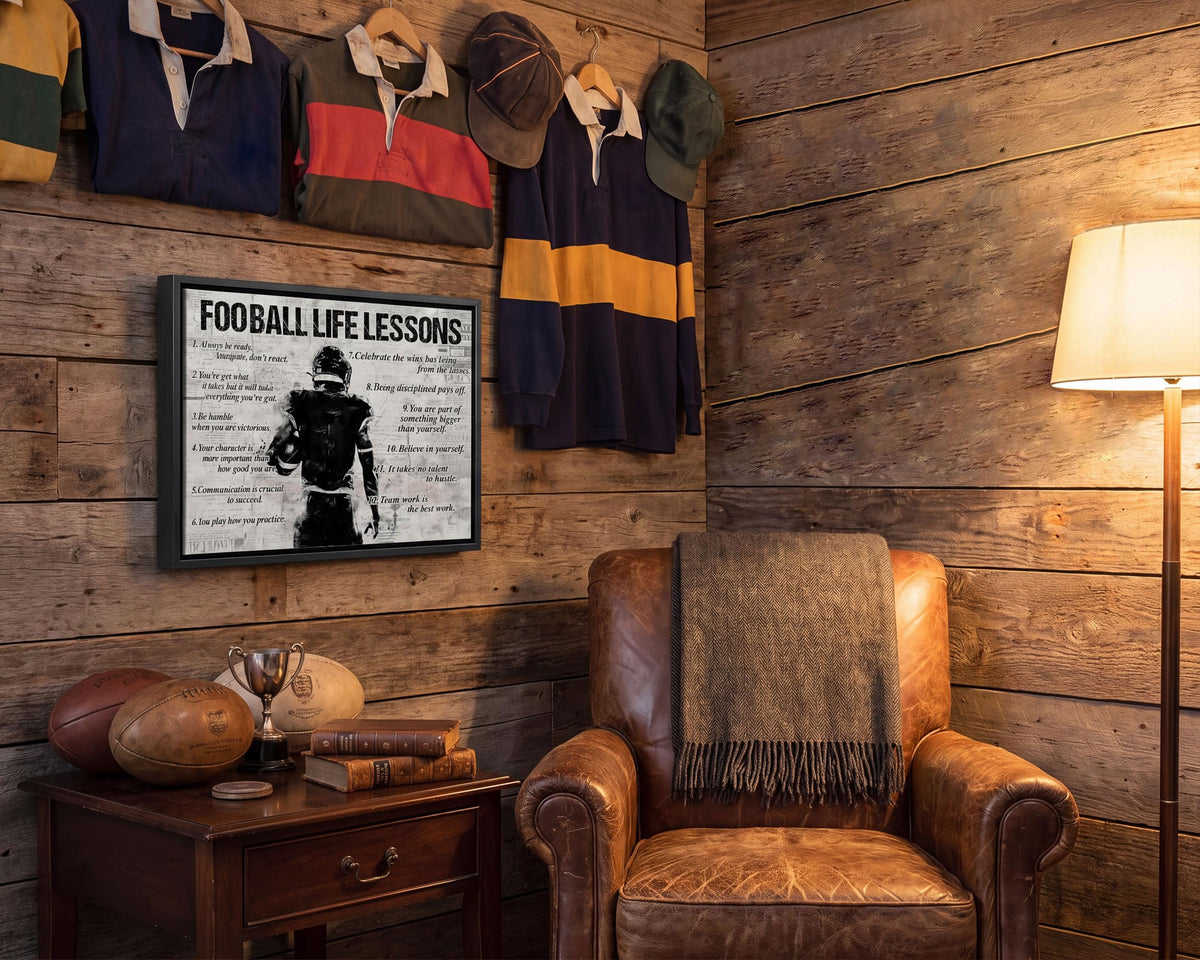 Black Framed Football Life Lessons Canvas Wall Art 24x36in (Inspirational football / 36"L x 24"W)