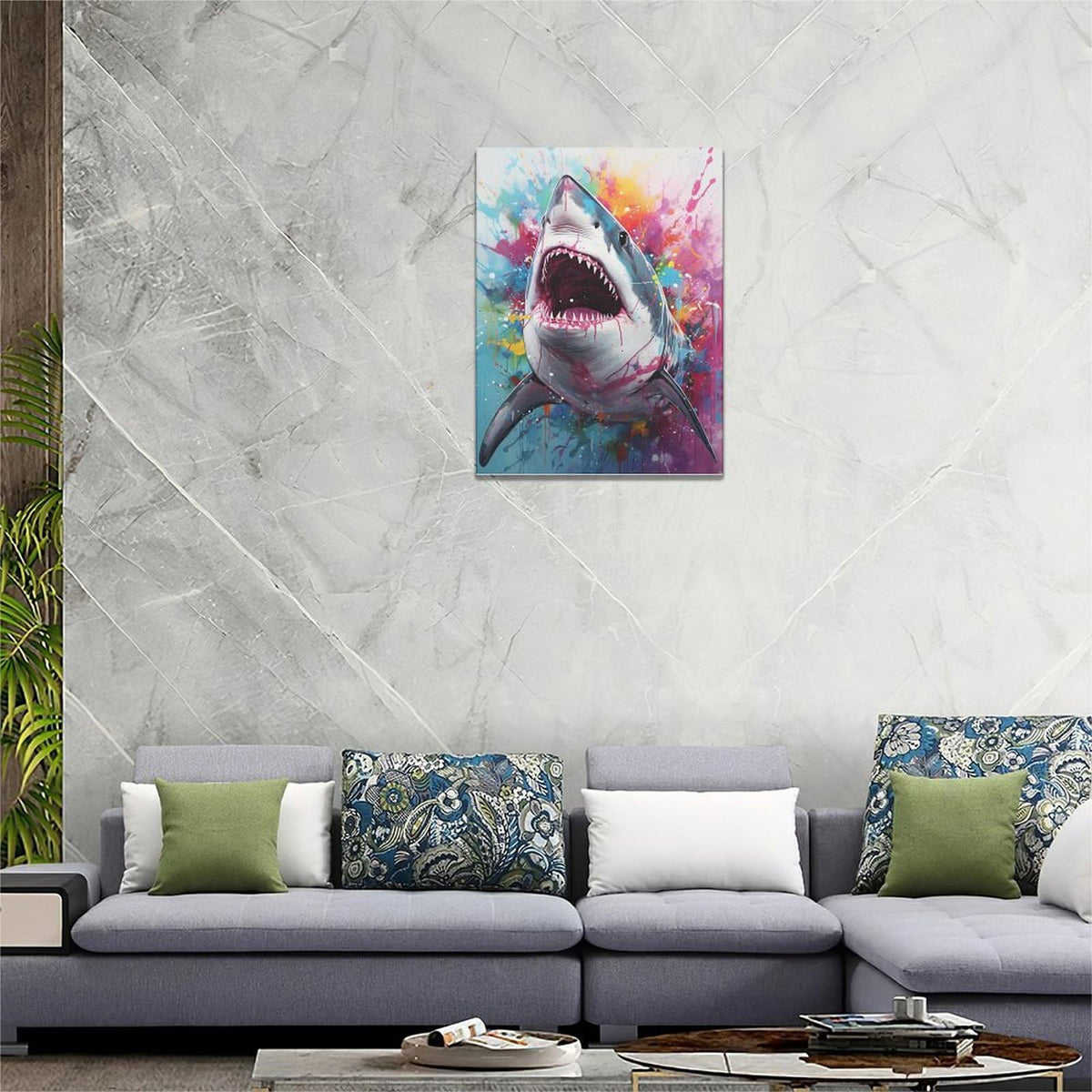 Shark Wall Art Ocean Shark Pictures Wall Decor Natical Coastal Canvas Print Painting Home Decoration Artwork For Living Room Office Bedroom Bathroom Framed 12"X16" (16"L x 12"W / Shark)