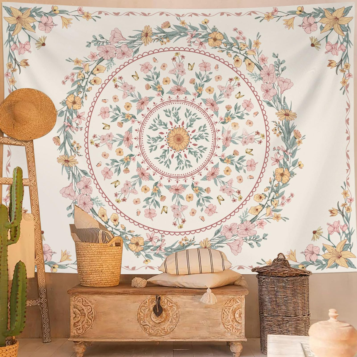 Bohemian Tapestry Wall Hanging (60"L x 50"W / WhiteWreath)