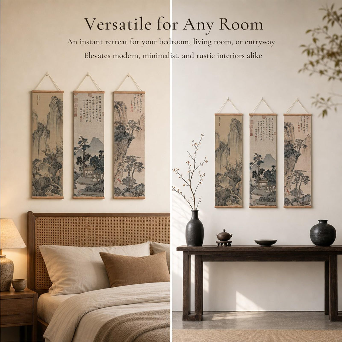 Chinese Ancient Landscape Scroll Wall Art Poster (landscape-Oak / 16"x55"x3 Piece)