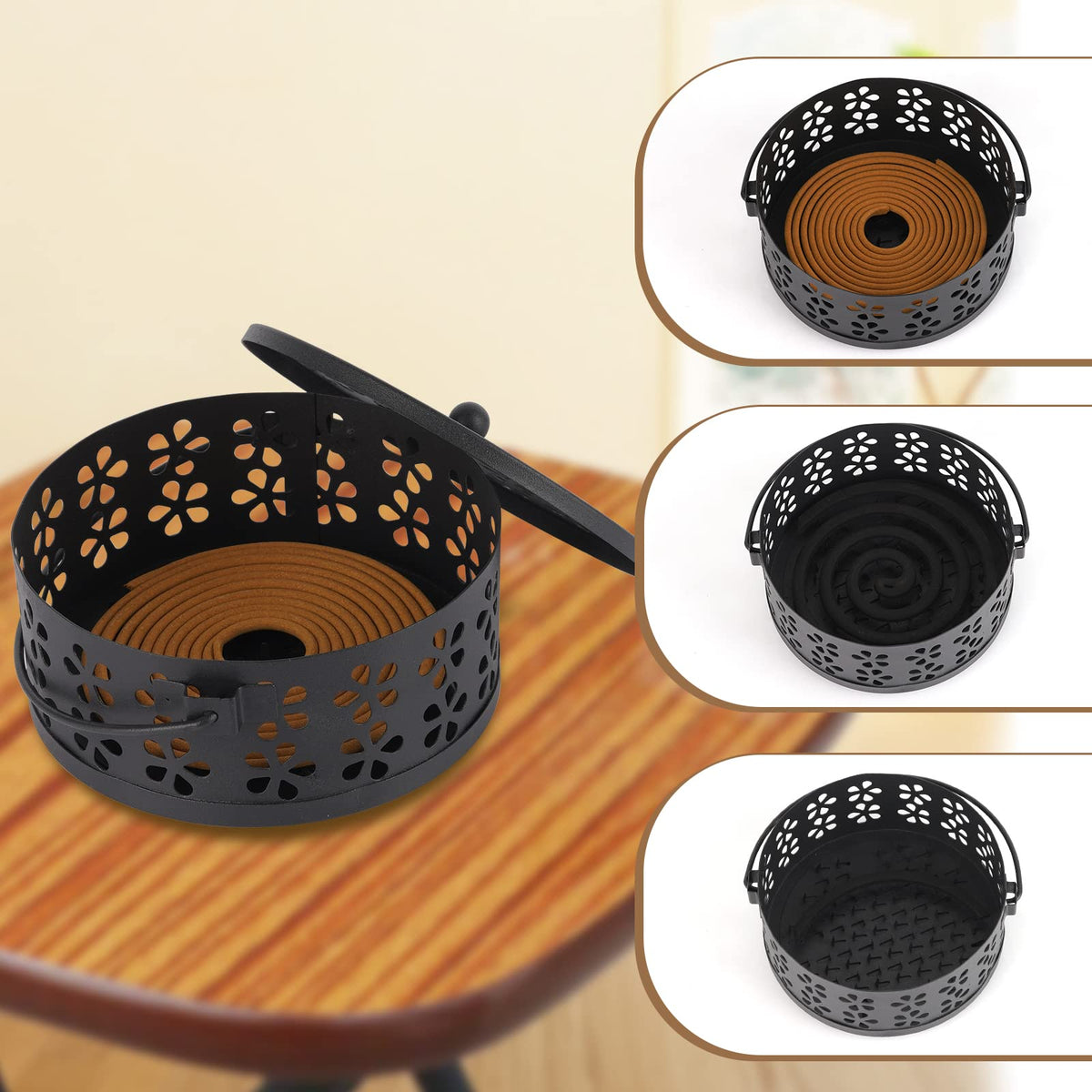 Portable Iron Mosquito Coil Holder with Handle Round (2pack Black)