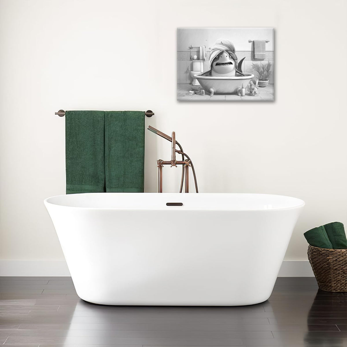 Funny Shark Bathroom Decor Wall Art Black and White Bathroom Pictures Painting Canvas Framed Toilet Humor Artwork Restroom Home Decoration Gifts for Women Girl 16"x24" (shark / 24L"×16W")