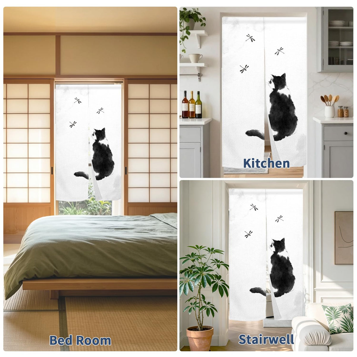 Japanese Noren Curtain Ink Black Cat Door Curtain Asian Tapestry (Hand Drawn Ink Black Cat)