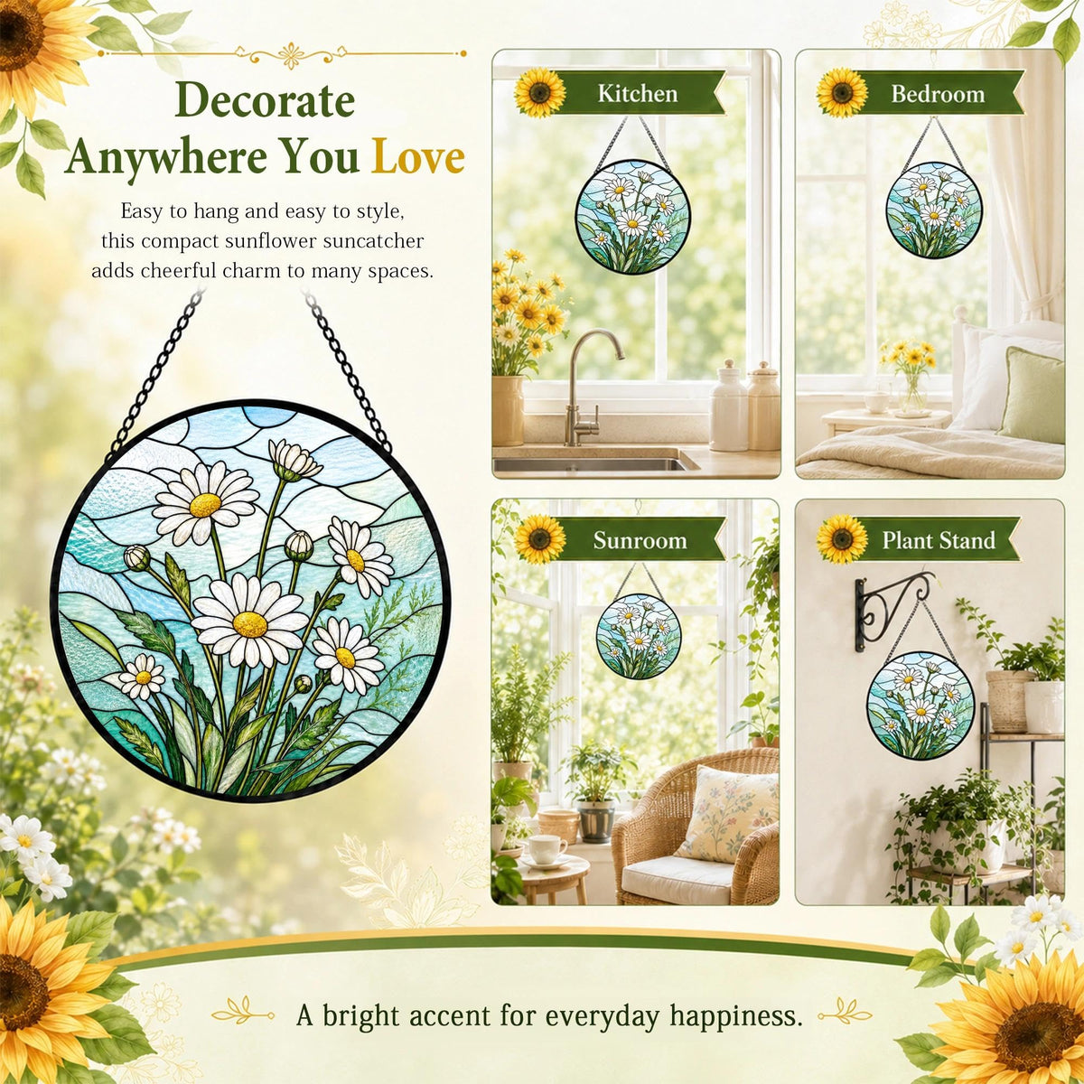 Daisy Gifts for Women Suncatcher Stained Glass Window Hanging Sun Catcher (Daisy / 7.8 x 7.8 IN)