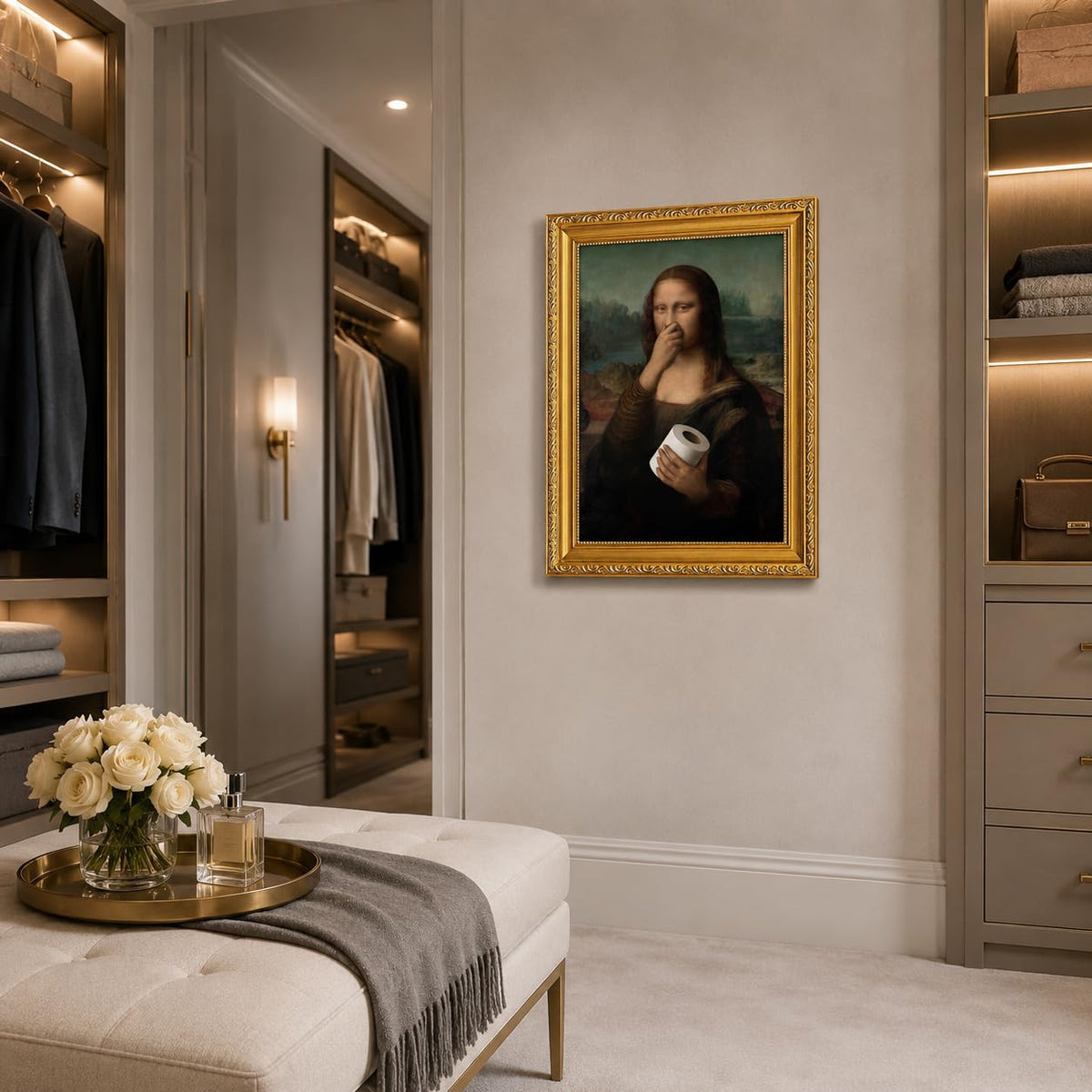 Gold Framed Bathroom Wall Art Mona Lisa Humor Amusing Toilet Art Pinching Nose Wall Decor Funny Vintage Painting Picture Print Whimsical Restroom 9x11 inch Small Framed (Mona Lisa / 16L" x 12W")