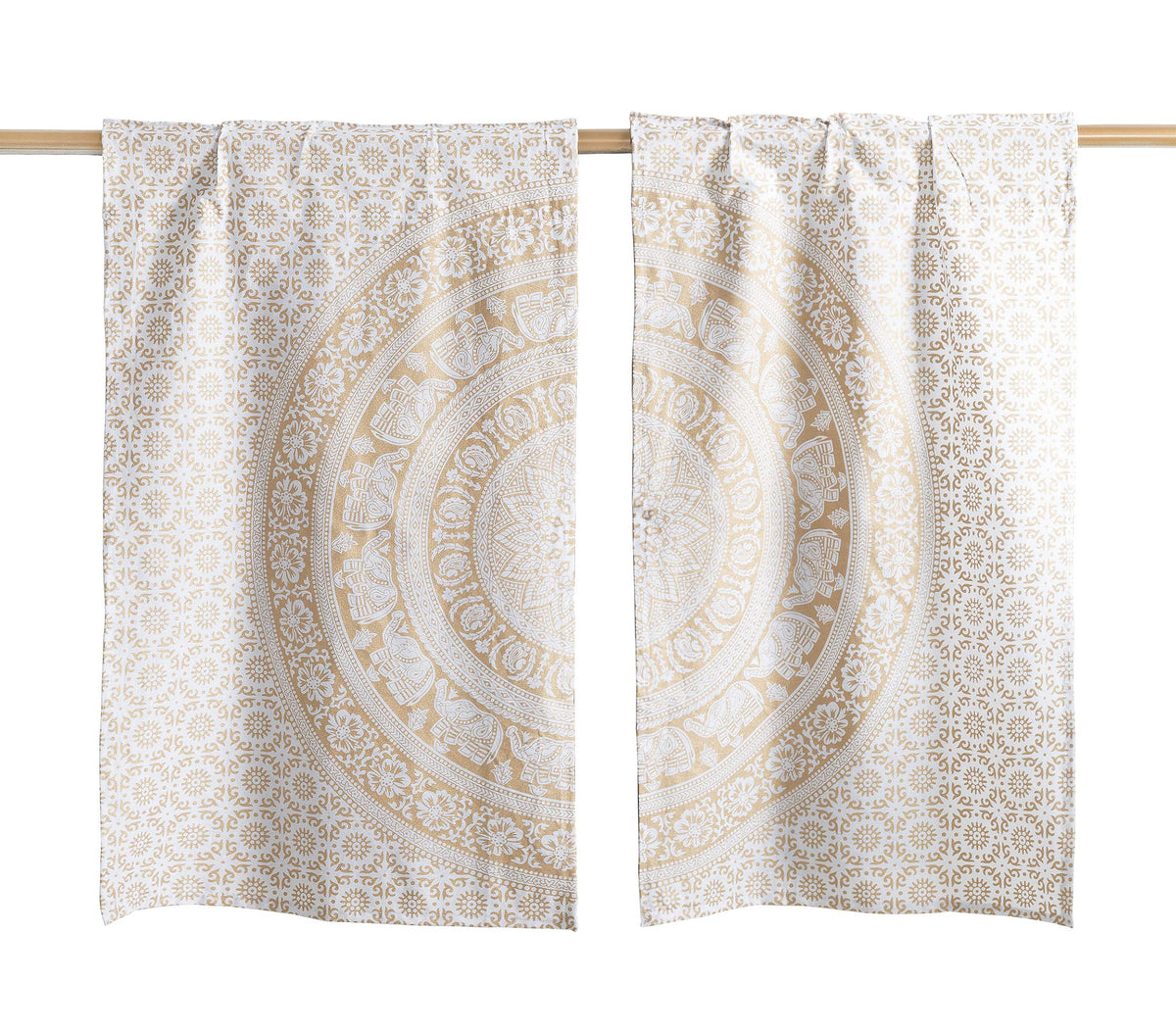 Indian Hippie Mandala Kitchen Window Curtains (18"W x 32"L (Pack of 2) / White and Gold)