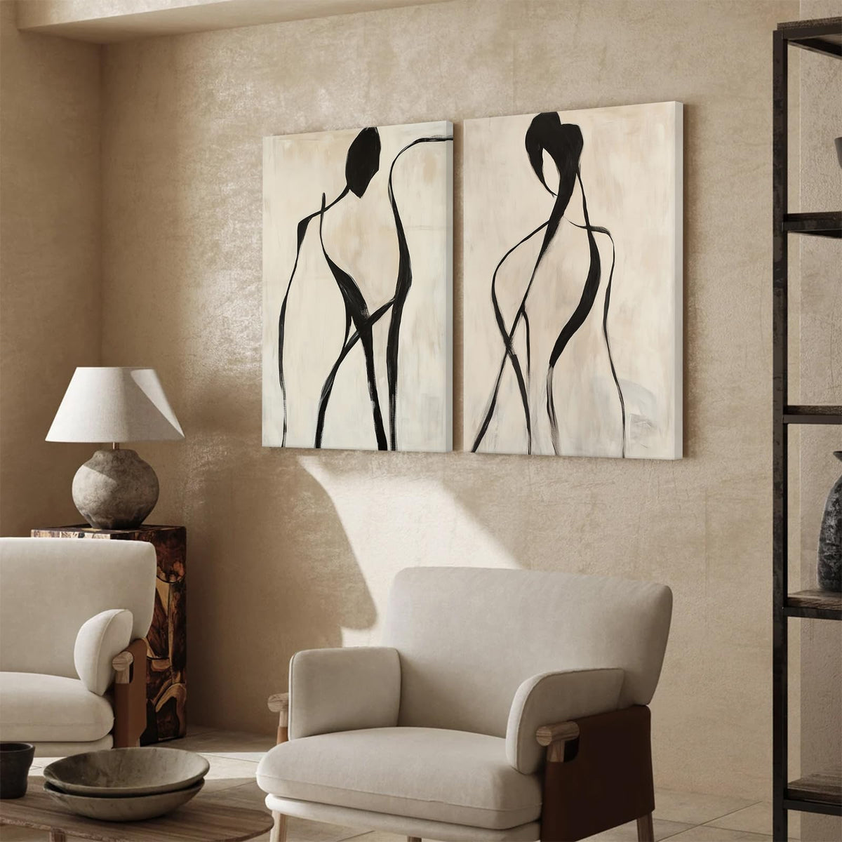 Minimalist Woman Line Wall Art Black and White Poster Abstract Modern Canvas Wall Art Decor Female Figure Painting Mid Century Beige Prints for Living Room Bedroom 16x24 Inch Wrapped Canvas Set of 2 (16x24 Inch Wrapped Canvas / Black Abstract Prints)