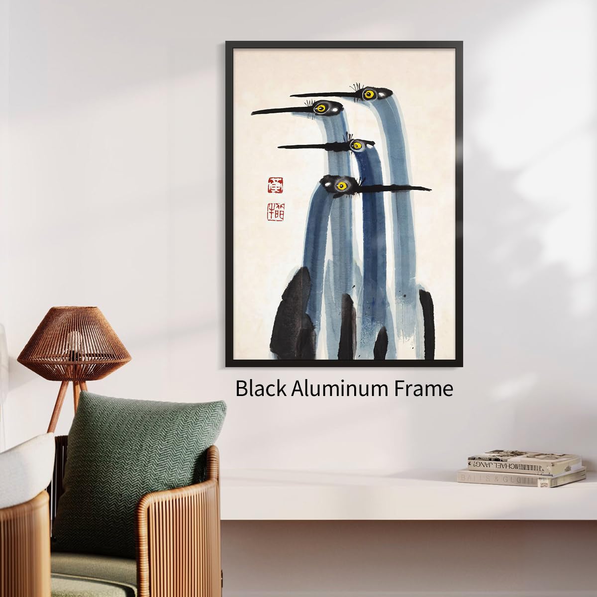 Vintage Japanese Crane Black Framed Poster Antique Asian Bird Canvas Wall Art 8x10 inch Blue Minimalist Animal Watercolor Prints for Country Farmhouse Wall Decor for Living Room Study Office Ready to hang (Black Framed / Japanese Decor / 10"L x 8"W)