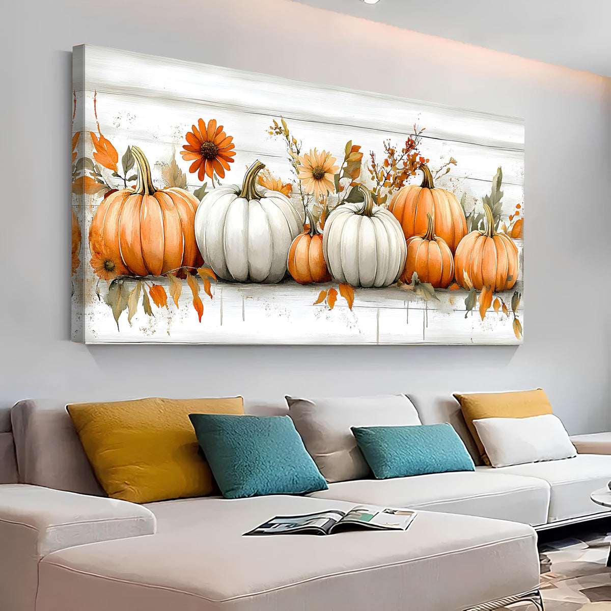 Farmhouse Pumpkin Flowers Canvas Wall Art Living Room Wall Decor (60"x30"x1 / Pumpkin6)