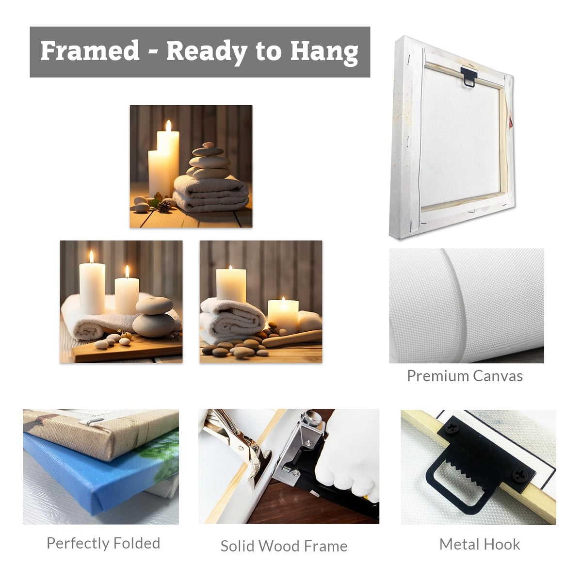 Zen Canvas Wall Art 3 Piece Bath Towel Candles And Zen Stones Picture Print Bathroom Beauty Spa Treatment Meditation Room Wall Decor Framed (A / 12"x12"x3)