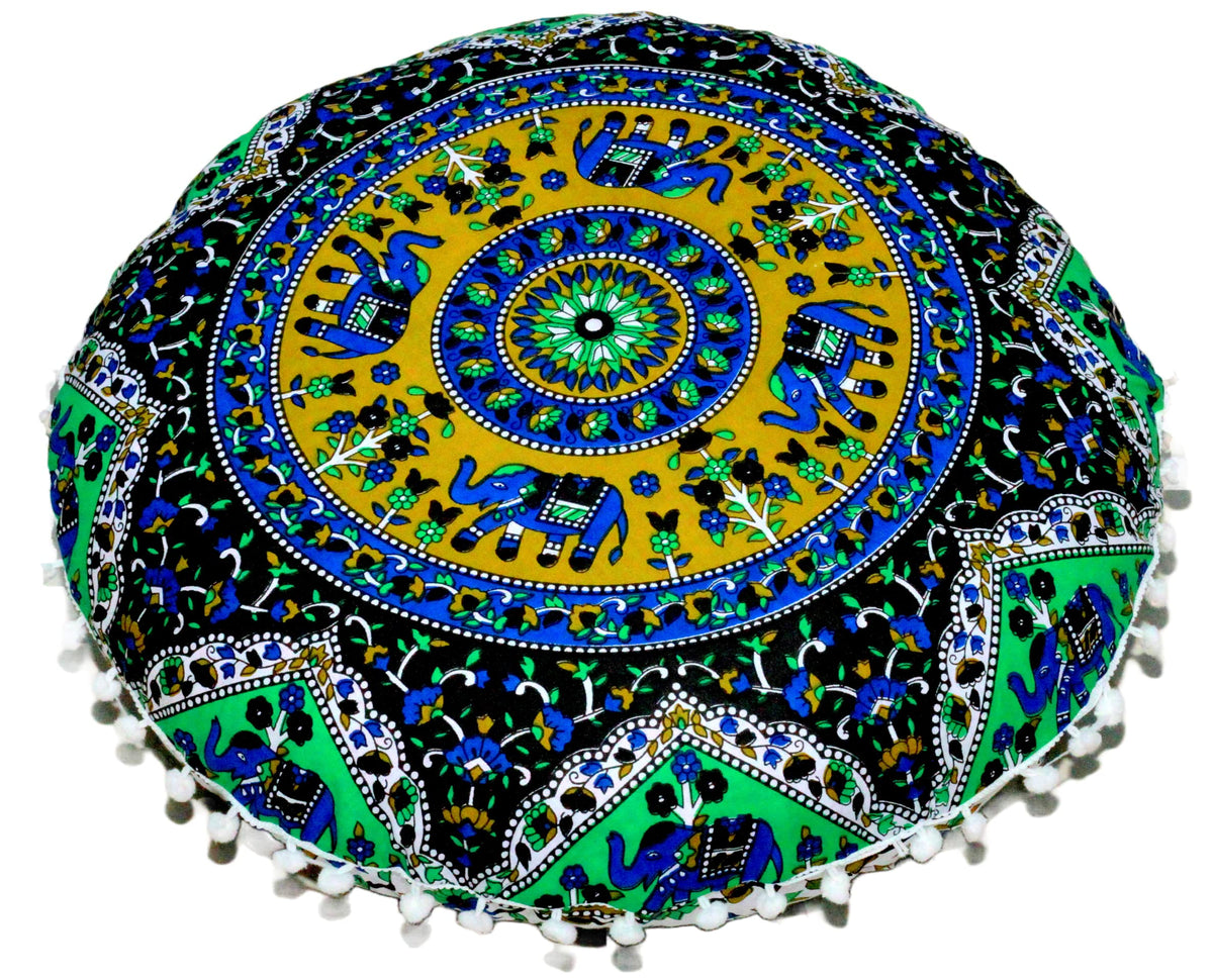 Round Mandala Floor Pillow Cover Seating Cushion Throw Cover Ottoman Pouf Cover Pom Pom Pillow Cases Hippie Decorative Bohemian Boho Indian 22 Inches (Green Blue)