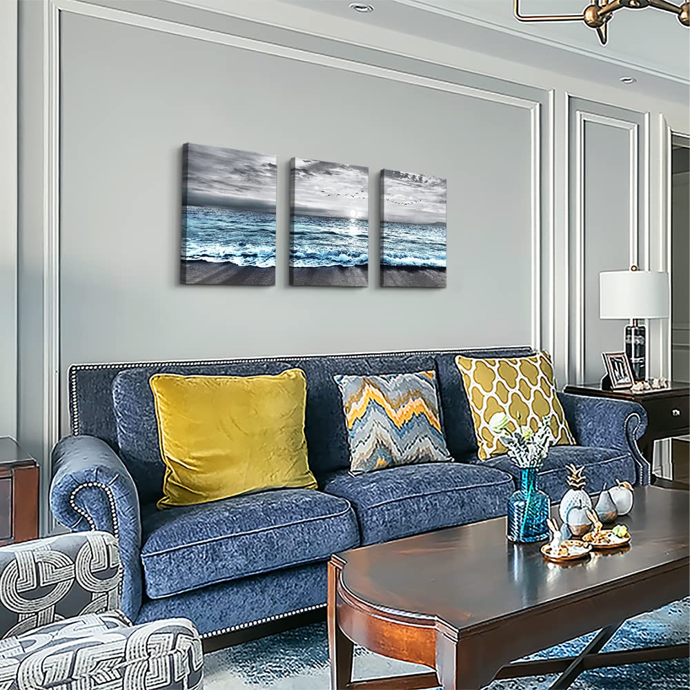 Large 3 Piece Framed Canvas Wall Art for Living Room (20x28 inches (Set of 3 Panels) / Blue Ocean Sea Wave)