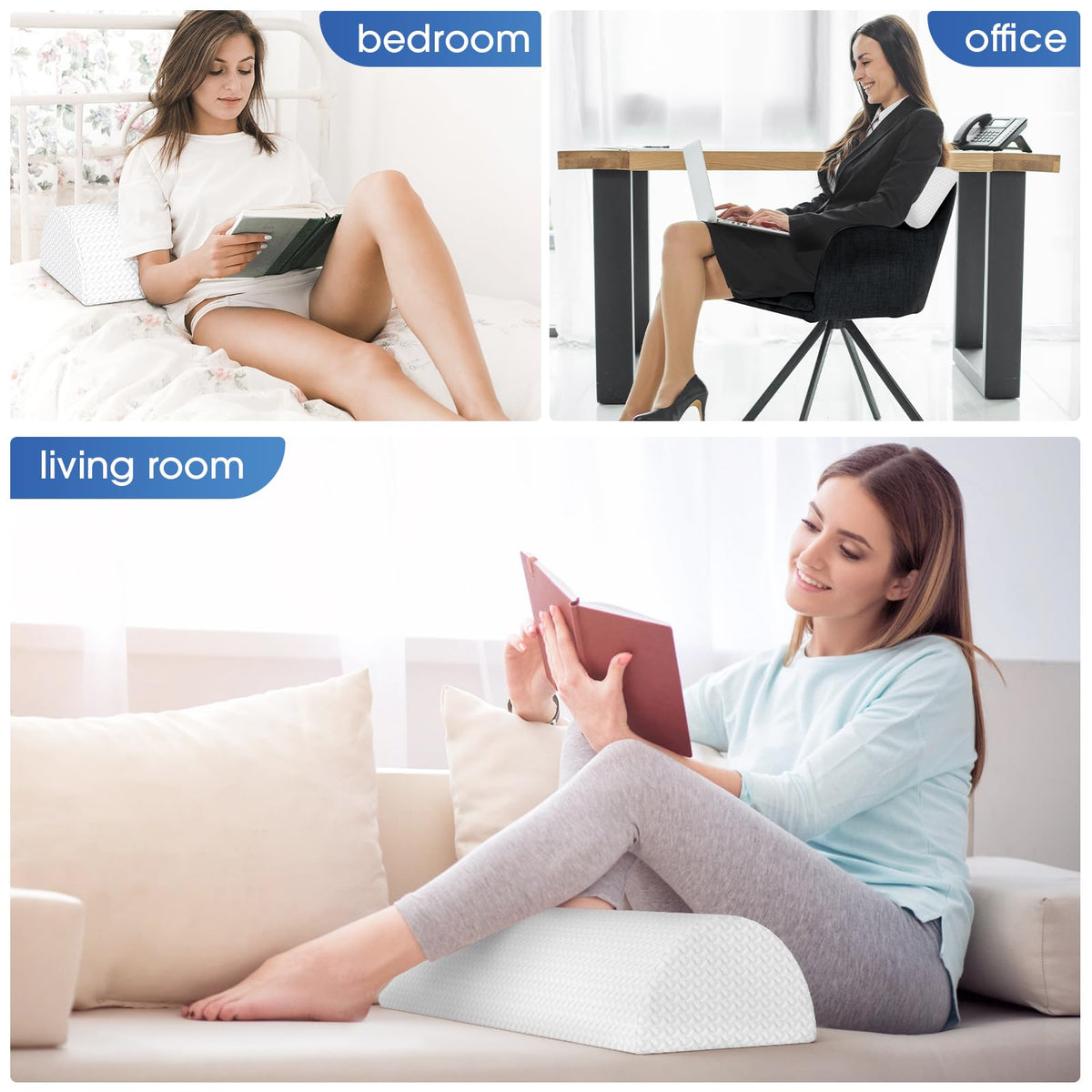 Knee Pillow for Back Sleeping Memory Foam Half Moon Bolster Pillow for Legs (White / Large)