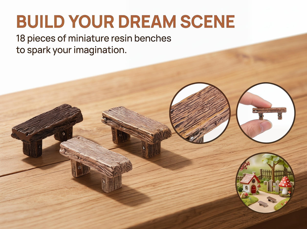4Pcs Miniature Resin Bench Ornament Vintage Style Dollhouse Bench Miniature Decor for Fairy Garden Landscape Ornament Furniture Accessories for Window Displays Office Study Living Room (Brown)