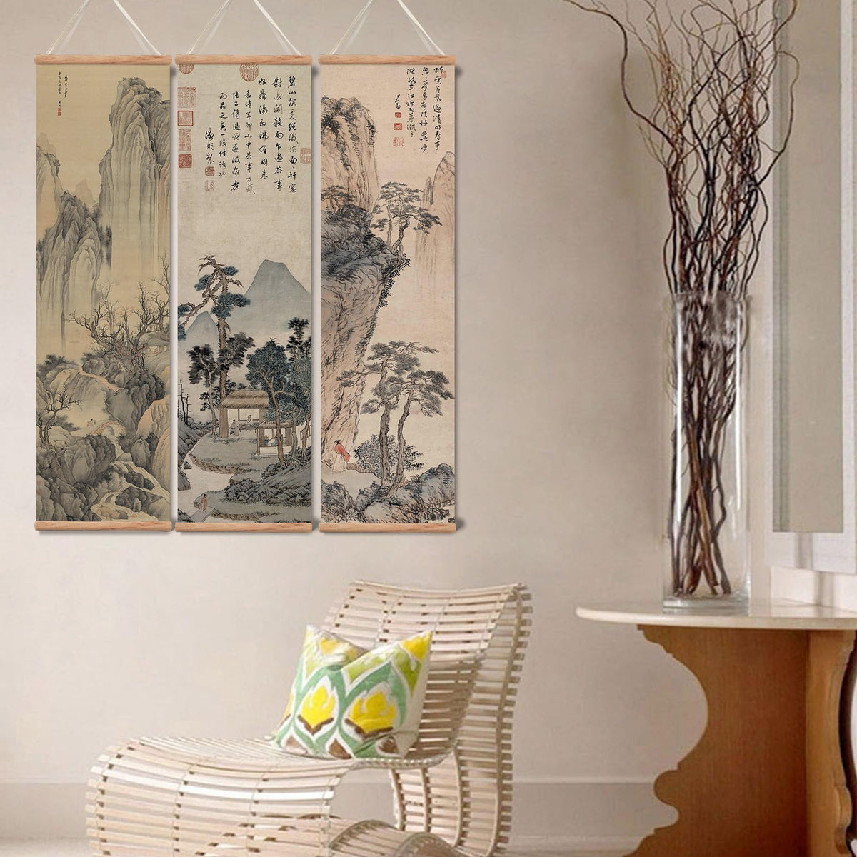 Chinese Ancient Landscape Scroll Wall Art Poster (landscape-Oak / 12"x41"x3 Piece)
