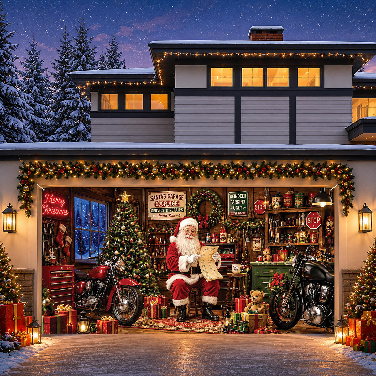Christmas Garage Door Cover Banner Nostalgic Santa's Garage Backdrop (Santa Claus-2)