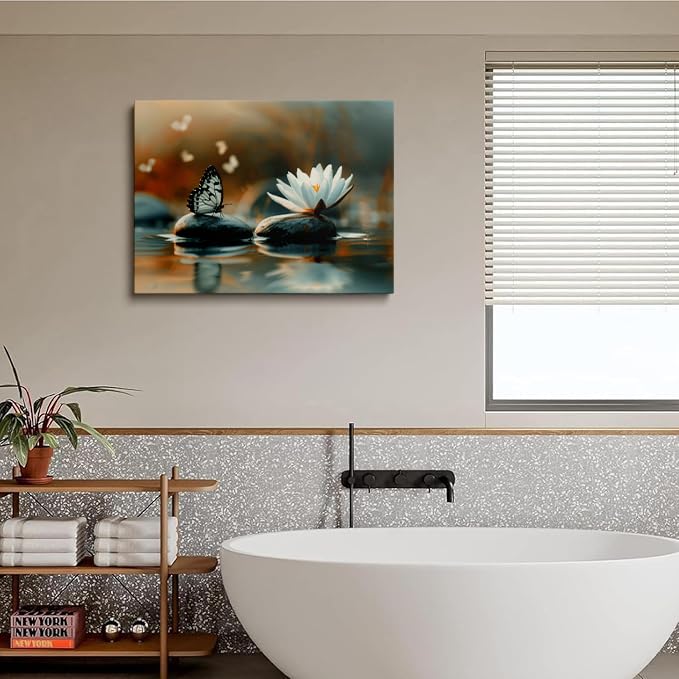 Zen Lotus Canvas Wall Art Framed Butterfly Spa Decor for Rooms 12x16 Inch (Zen Lotus 01 / 16"L x 12"W)