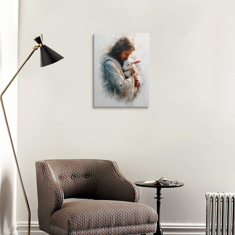 Good Shepherd Jesus Wall Art Canvas Framed Painting with Lamb Gentle Embrace in Soft Blue Cream Earth Tones Serene Christian Religious Wall Decor Artwork for Home Bedroom Church 12x16 Inches (Jesus with the lamb / 16"L x 12"W)