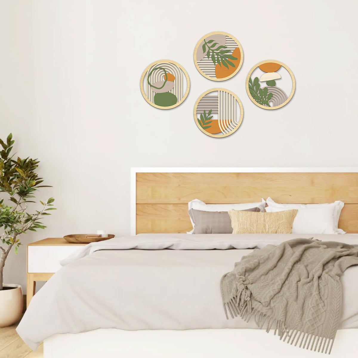 Boho Botanical Wooden Wall Art Bohemian Plants Hanging Sign (4pcs Boho Botanical Wooden Wall Art)