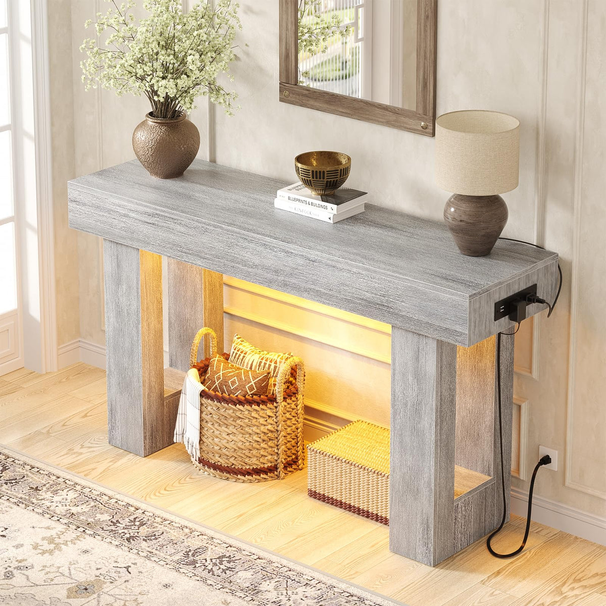 47" Entryway Table with Sensor Light & AC Outlets with USB (White Oak / 47IN)