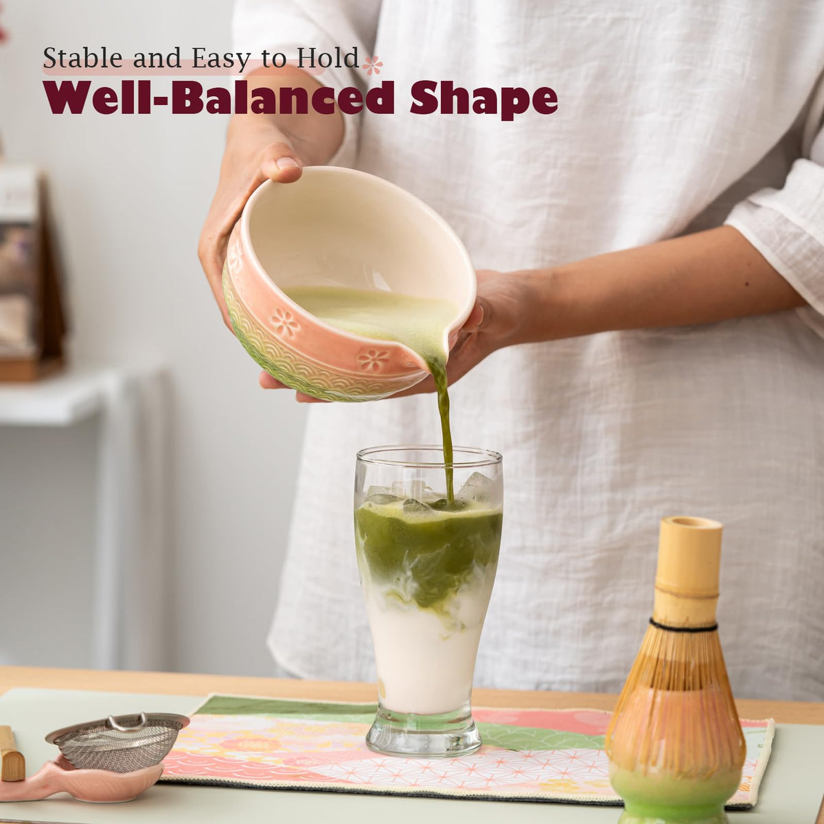 8 Pcs Matcha Whisk Set. Matcha set includes matcha bowl with Cherry Blossom (Pink-Green)
