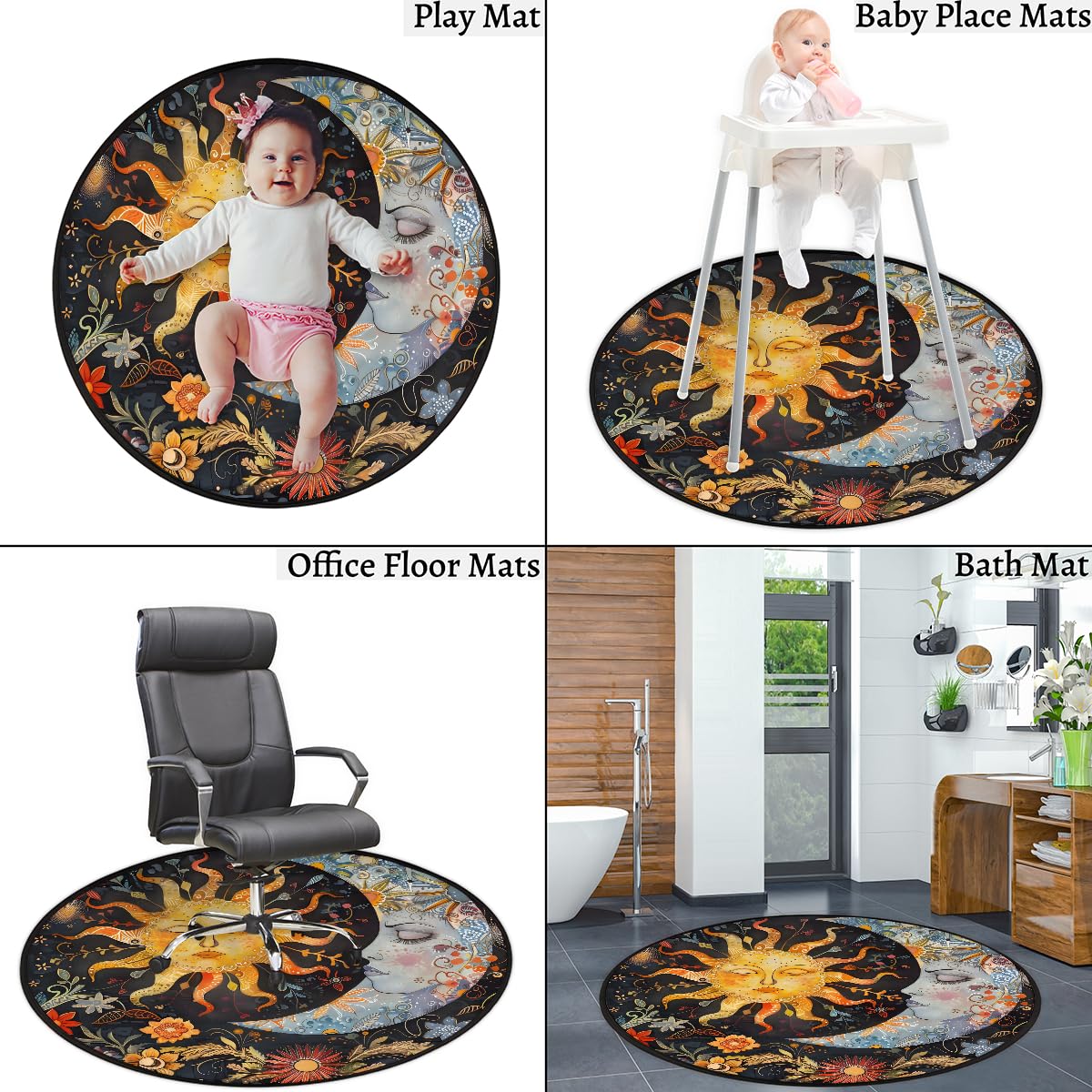 3 Ft Moon Sun Round Rug Circle Area Rugs Circular Door Mat for Indoor (A:a-2 / 3'3" (Round))