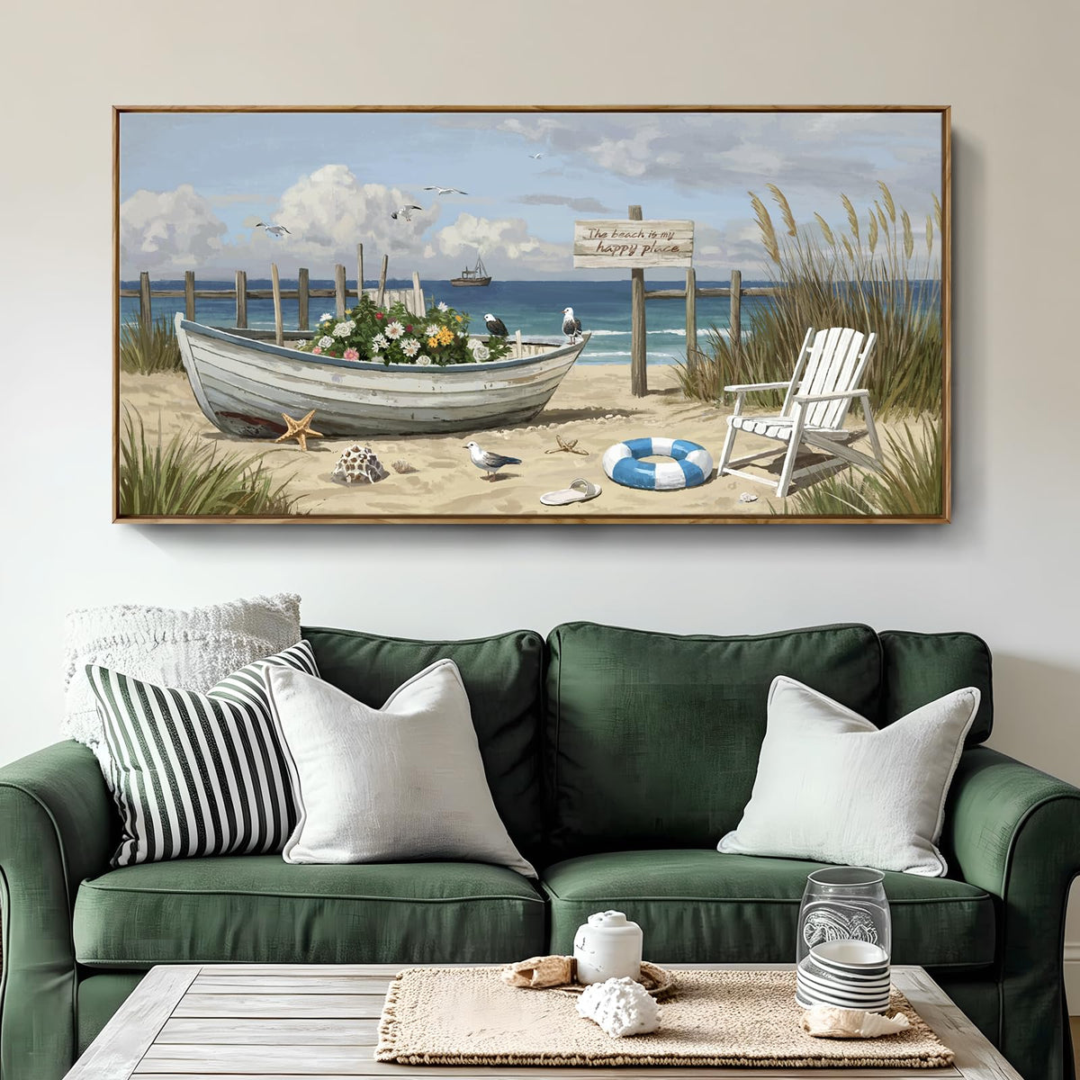 Large Framed Modern Canvas Wall Art (Seaside Boat Wall Art / 48"Lx24"W(Framed))