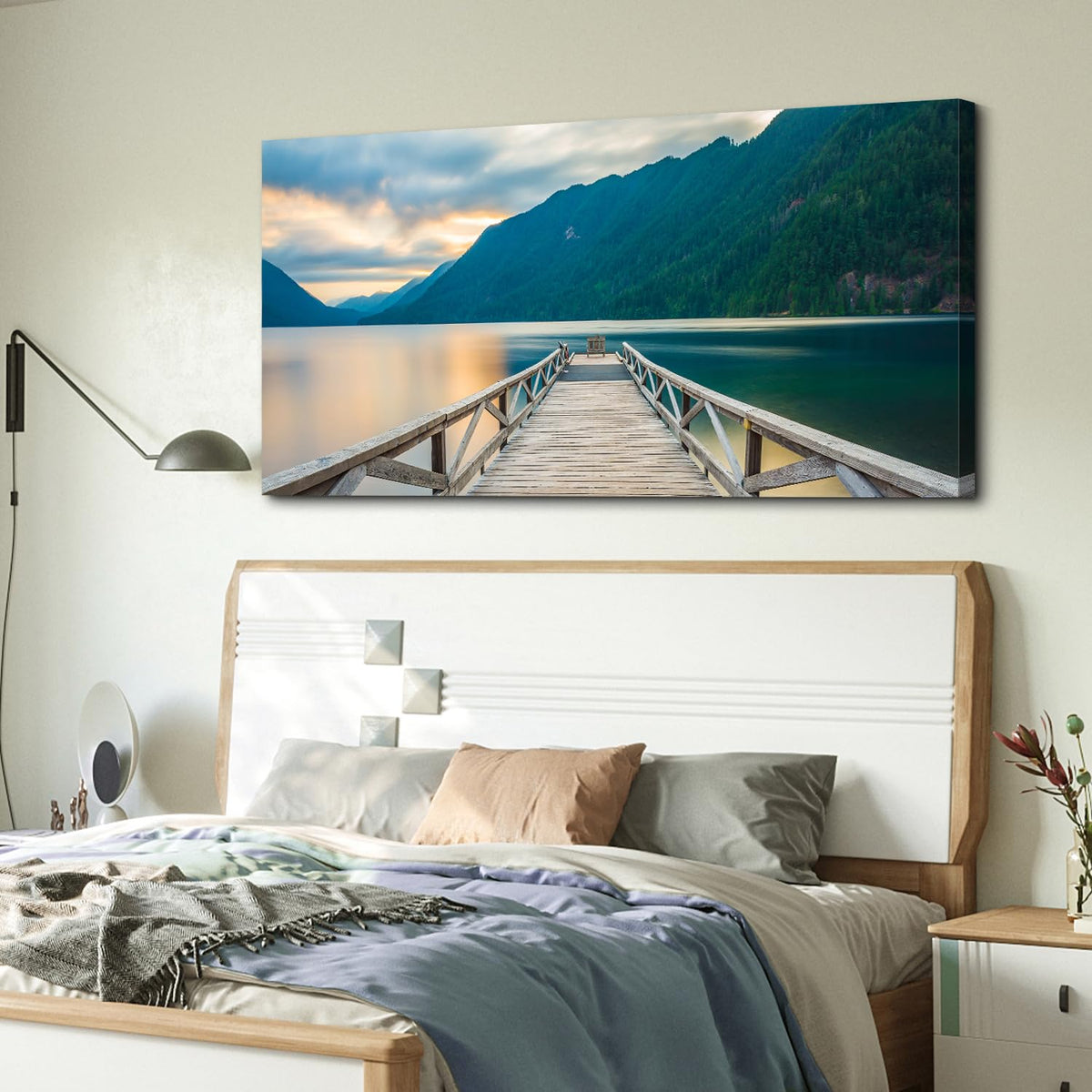 Olympic National Park Canvas Wall Art Crescent Lake Pictures Wood Dock Wall Decor Sunset Mountains Scenery Canvas Prints Photo Nature Artwork for Living Room Bedroom Office Home Decoration 24x48" (48"L x 24"W / Olympic)