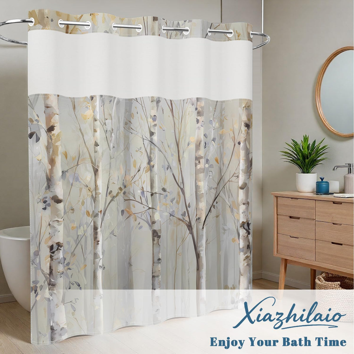 Watercolor Birch Tree Shower Curtain with Snap in Liner (Forest Tree)