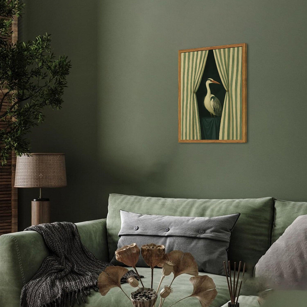 Framed Moody Heron Wall Art (Stripe2 / 16"L x 12"W)