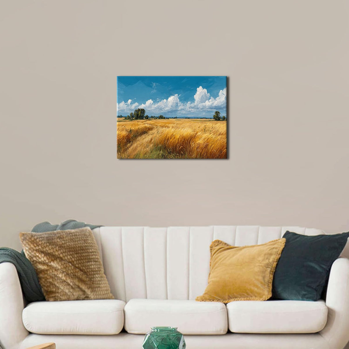 Rural Country Canvas Wall Art Golden Wheat Field Landscape Painting Rustic Farmhouse Wall Decor Countryside Scenery Pictures Blue Sky Clouds Prints Artwork Bedroom Living Room Home Decoration 12x16" (16"L x 12"W / Farm)