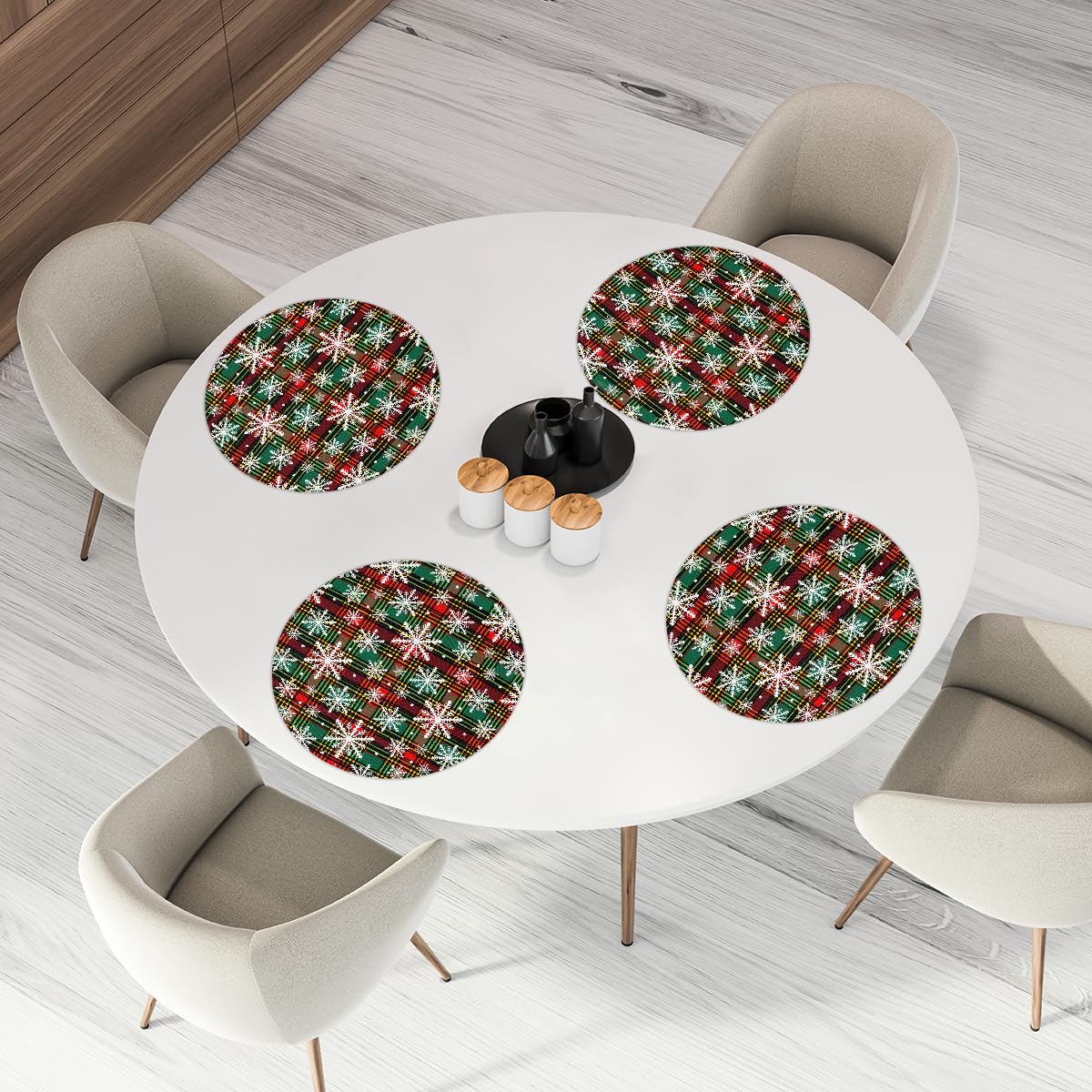 Christmas Plaid Woven Placemats Round Placemats Set of 4 for Festival Party (C 008 / 4 pieces)