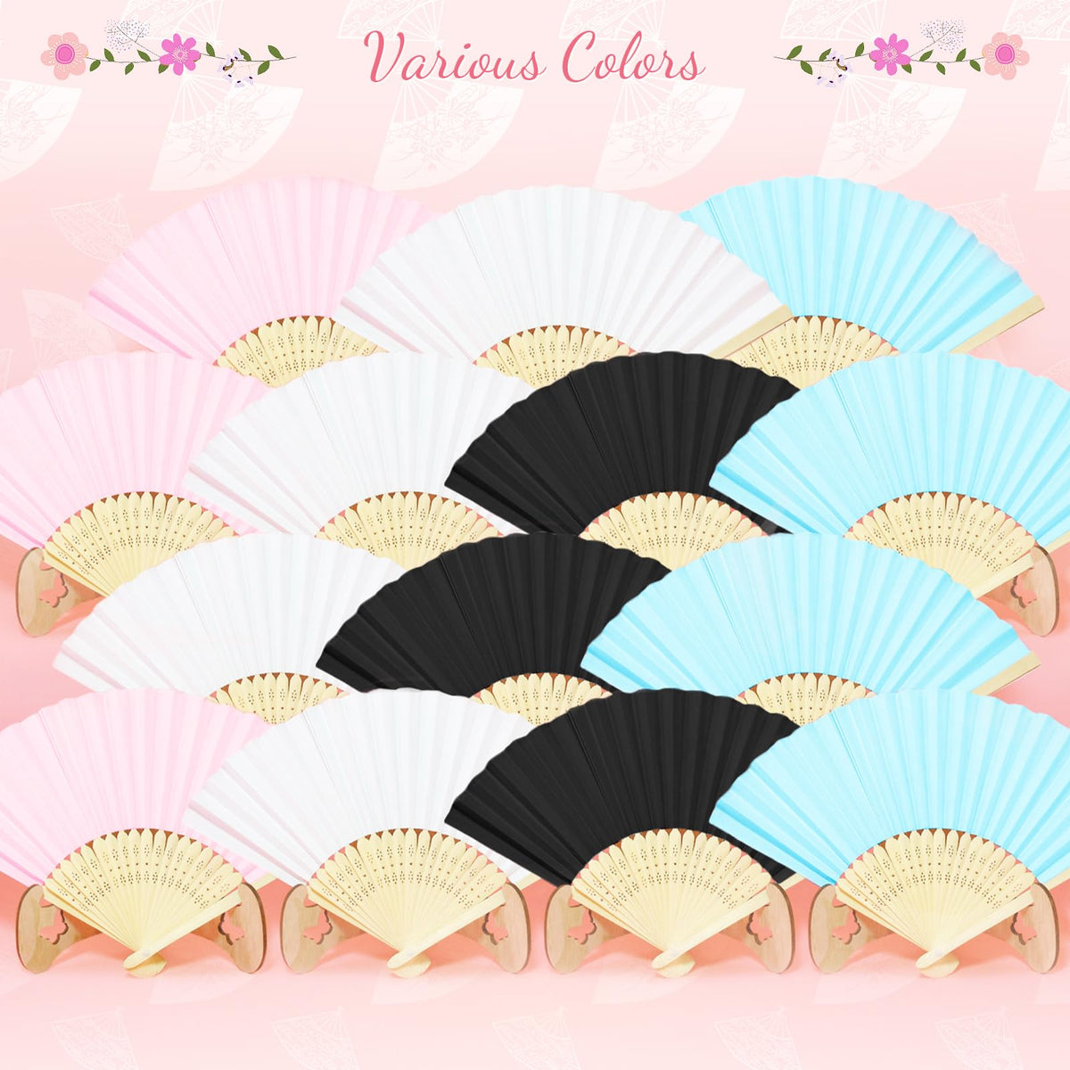 50 Pieces Paper Fans Paper Hand Fan Bamboo Folding Fan Handheld Fan Paper Folded Fan Paper Fan for Wedding Party and Home Decoration (Pink)