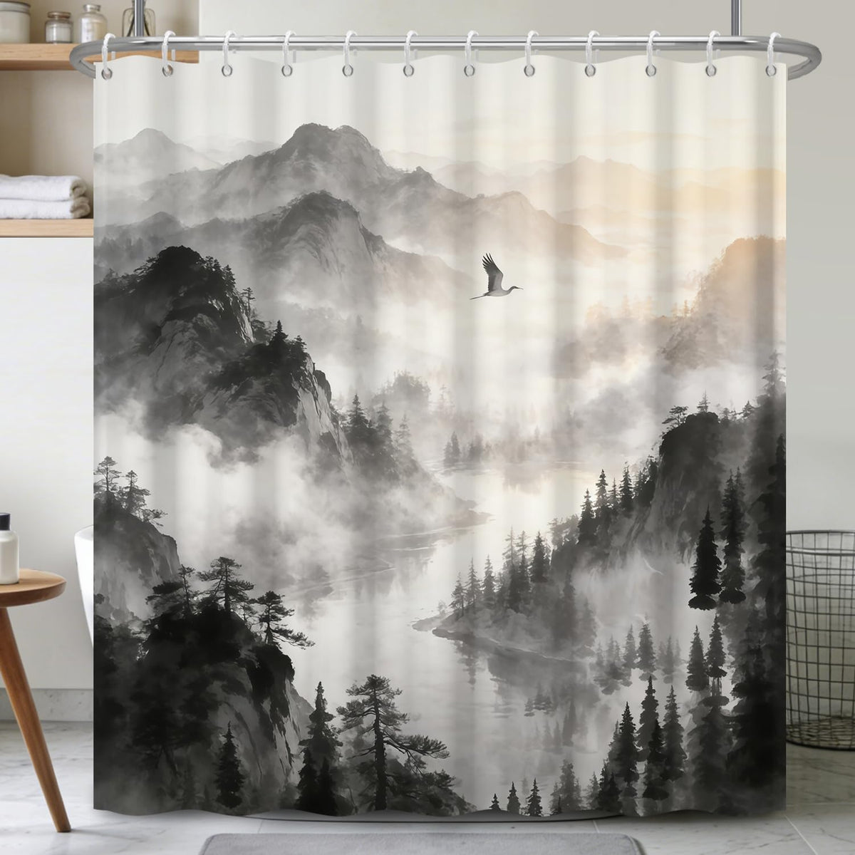 Misty Mountain & Forest Shower Curtain with Hooks (Misty Mountain & Forest)