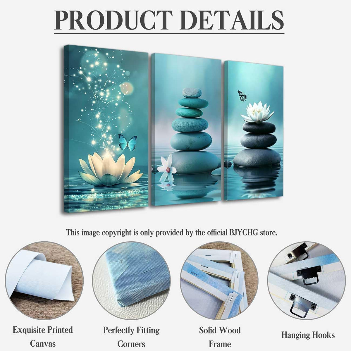 Set of 3 Zen Bathroom Canvas Wall Art Prints Teal Zen Stone Poster Water Lily with Butterfly Paintings Picture Yoga Meditation Artwork Spa Room Decor (Teal / 32x16inx3 Pieces)