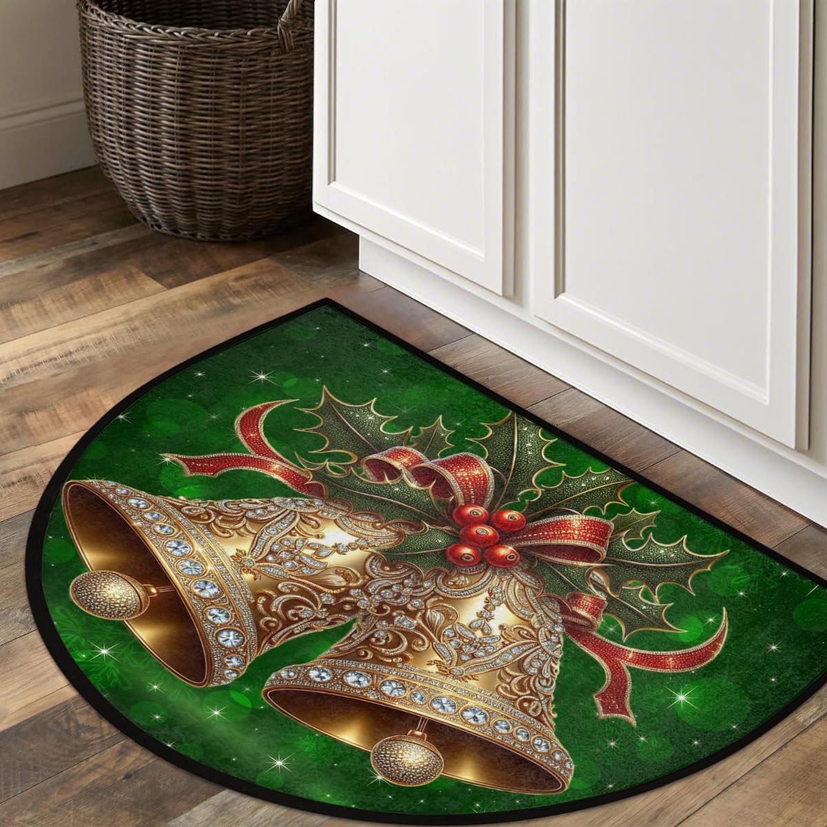 Christmas Bell Half Round Door Mat Indoor Entrance Semi Circle Area Rugs (Z Green Christmas Bell)