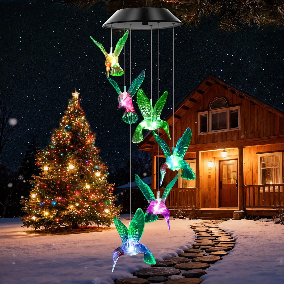 Green Hummingbird Solar Wind Chimes Color Changing Lights Outdoor