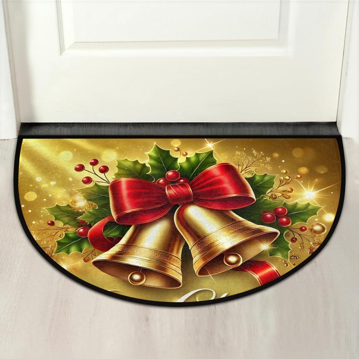 Half Round Doormat Washable Kitchen Semi Circle Rug Christmas Bell Holly (G 06)