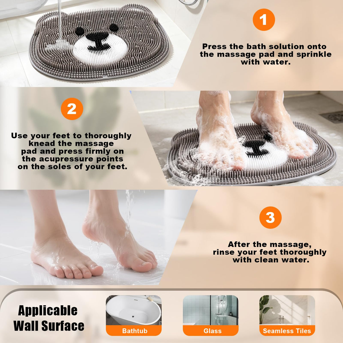 Silicone Shower Foot Scrubber Mat with Non (Grey Bear)