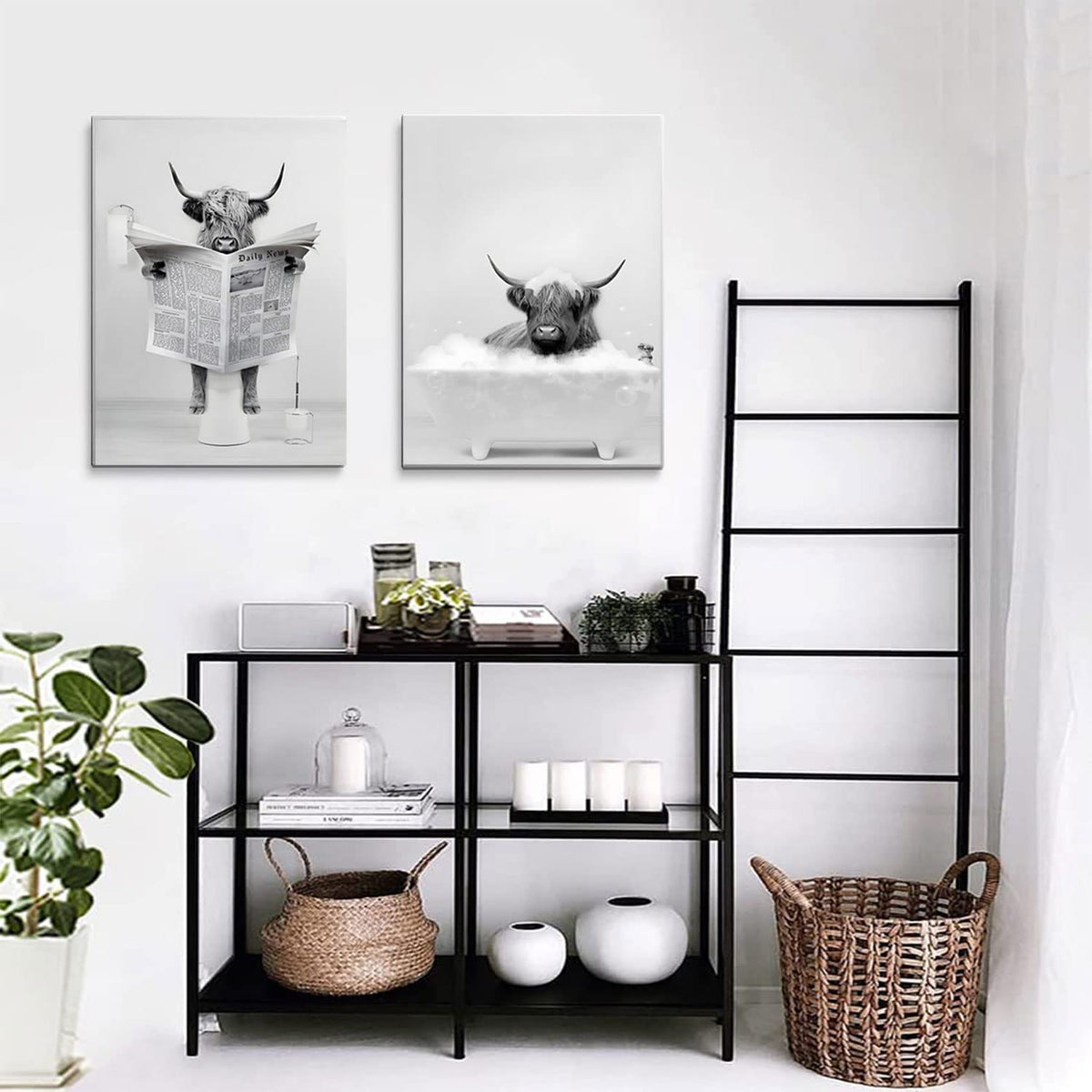 Funny Highland Cow Bathroom Wall Art Farmhouse Animal Canvas Prints Decor (cow wall art / 16"L x 12"W)
