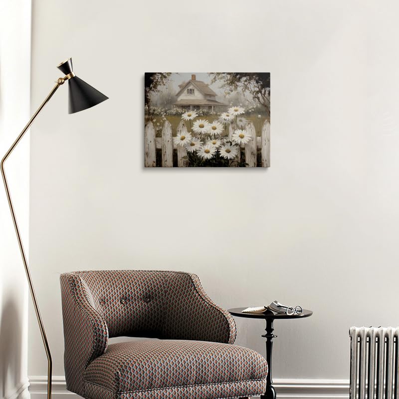 Vintage Farmhouse Countryside Canvas Wall Art Framed Oil Painting White Picket Fence Daisies Morning Mist Calming Rustic Landscape Wall Decor Artwork Print Poster 16x24 Inches (farmhouse / 24"L x 16"W)