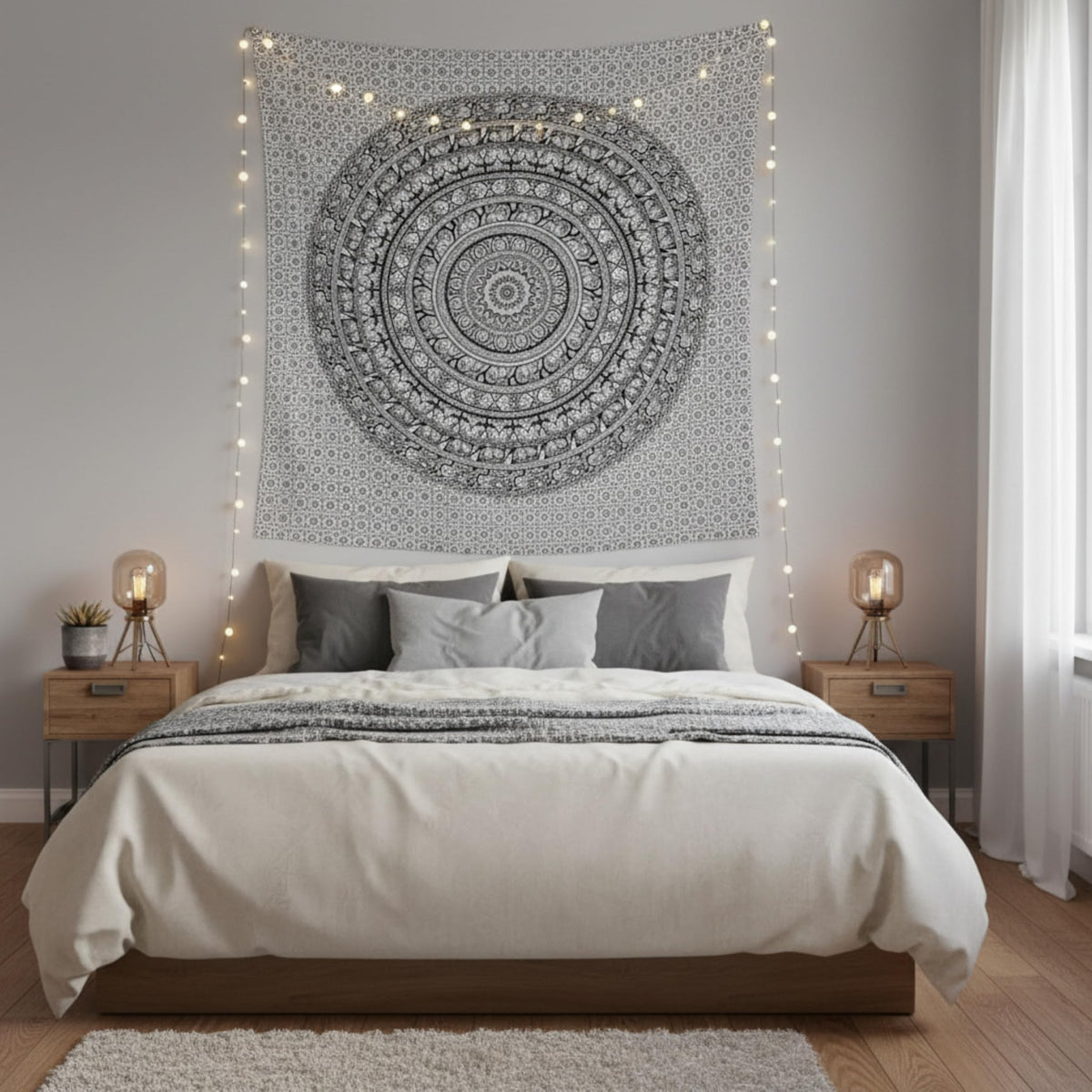 Cotton Mandala Tapestry (Black and White / 54"L x 84"W)