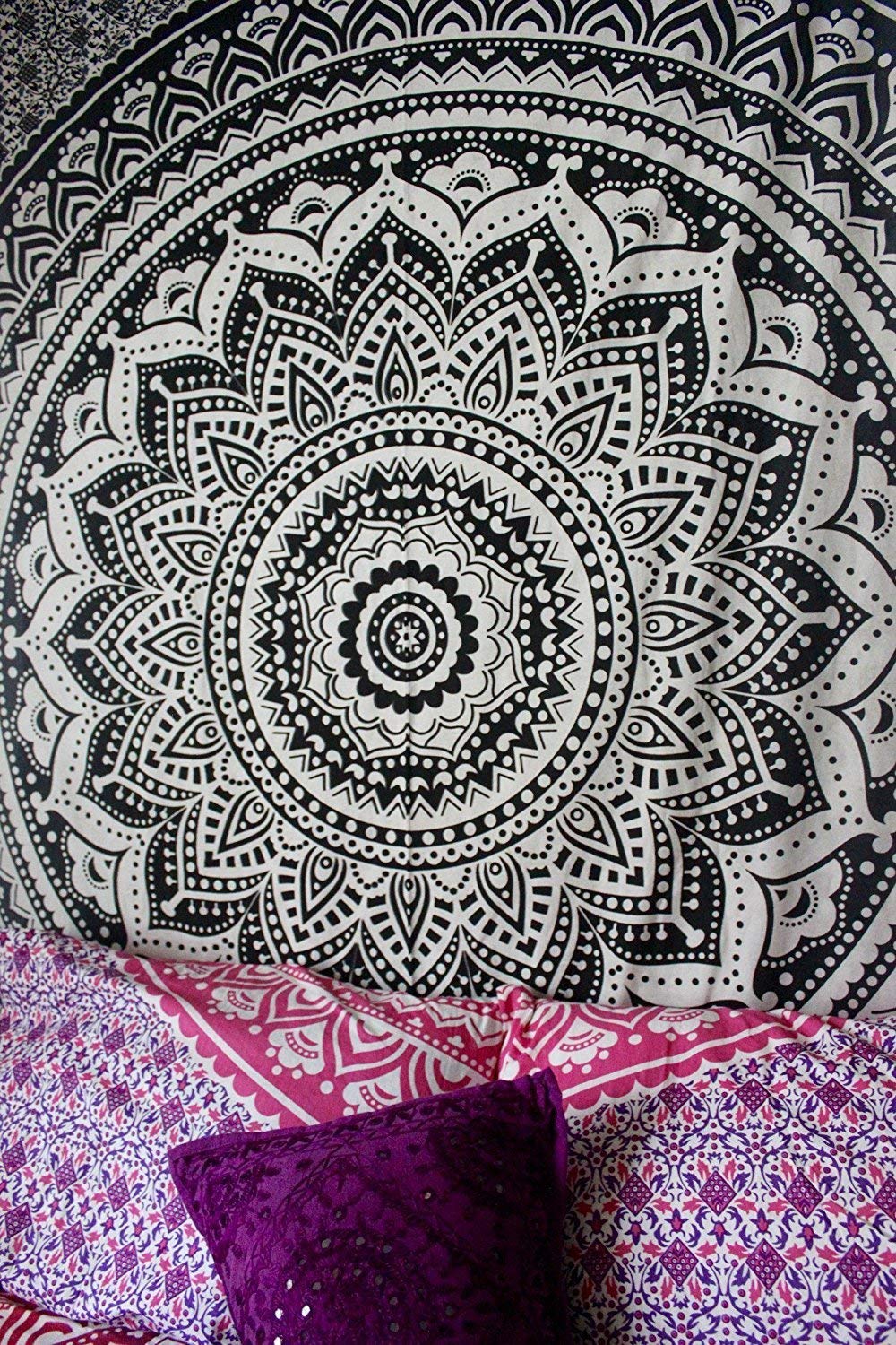 Tapestry Wall Hanging Hippie Ombre Mandala Bohemian Hippy Intricate Indian Tapestries 54 x 60 Inches (60"L x 54"W / Black Grey)