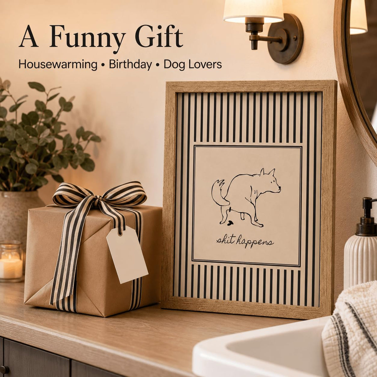 Funny Dog Bathroom Framed Wall Art (pooping dog / 24"L x 16"W)